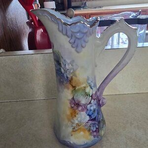 Limoges Handpainted Porcelain Pitcher with Violets and Gold Leaf